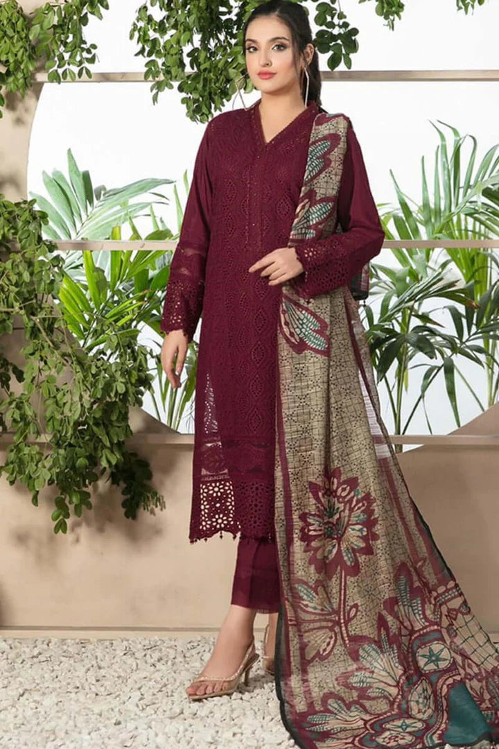 CR 806-3 Piece Unstitched Heavy Embroidered Lawn Suit ( Fine Printed Monaar Zari Dupatta )