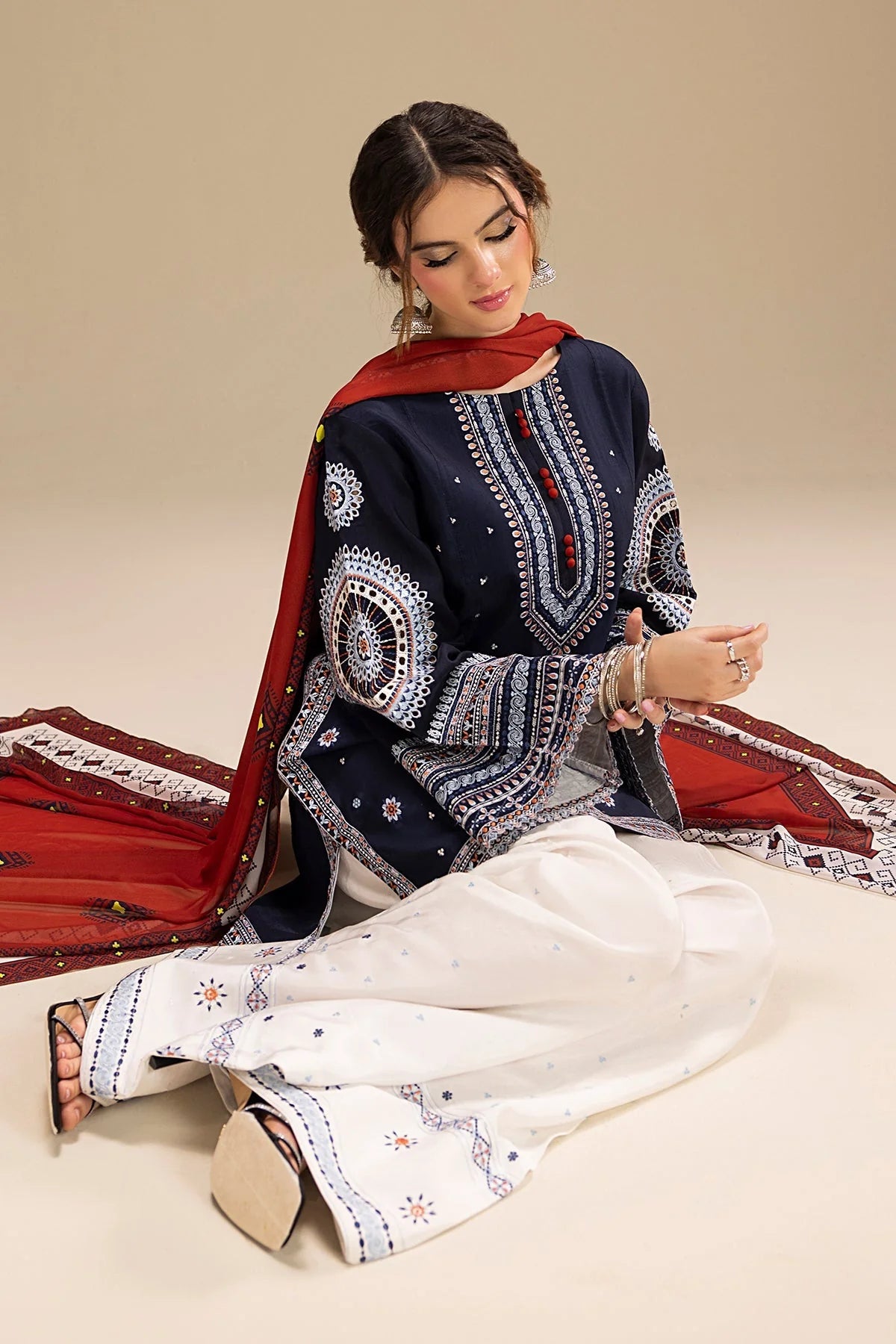 RR 610-3 Piece - 3 Piece Embroidered Dhanak Fabric with Printed Wool Shawl
