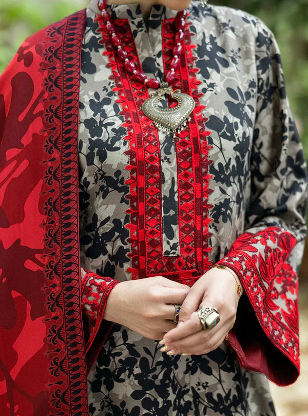 MB 437-3 Pcs Digital Printed Lawn Shirt Trouser and Dupatta with Embroidered Patches