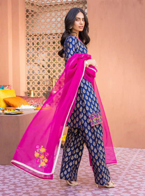 ZC 440-3 Pcs Digital Printed Lawn Shirt Trouser and Dupatta with Embroidered Patches