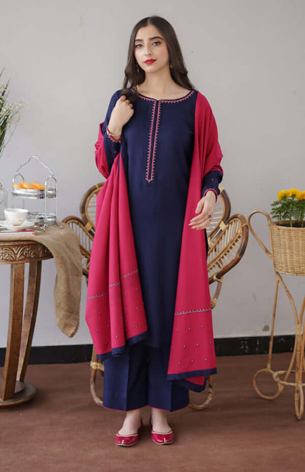 BR 1146 - 3 Piece Unstitched Heavy Embroidered Dhanak Suit ( Embroidered Dhanak Wool Shawl )