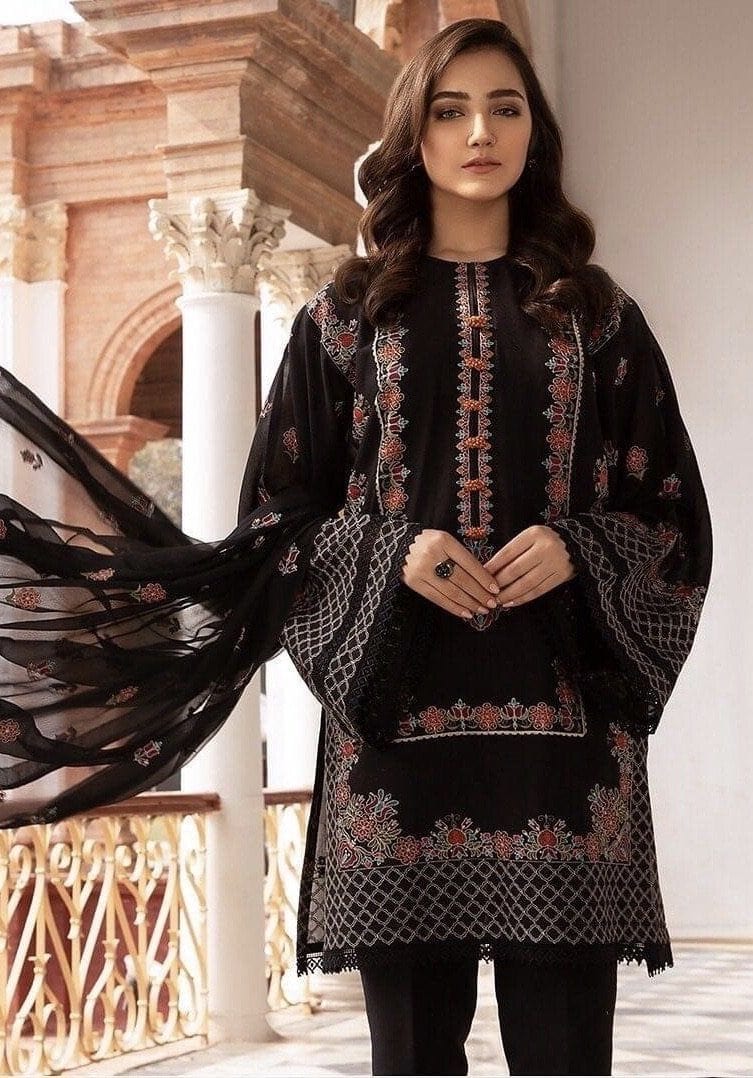 BR 465-3 Piece Embroidered Lawn Suite With Embroidered Bamber Chiffon Dupatta DhanakStore