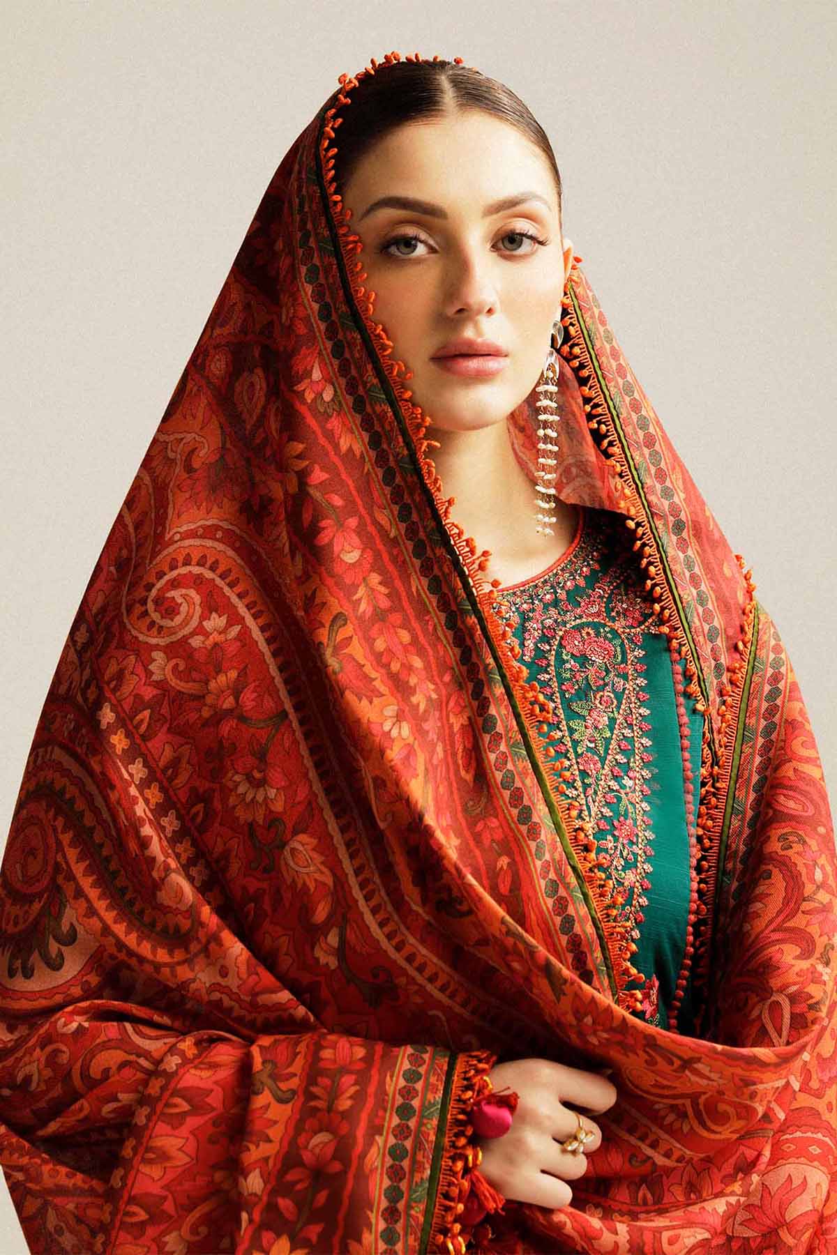 SP 525 - 3 Pcs Unstitched Heavy Embroidered Dhanak Suit with Premium Quality Wool Shawl