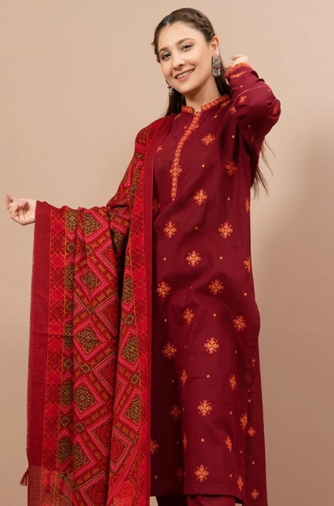 RS 705-3 Piece Embroidered Dhanak Shirt WithPrinted Wool Shawl
