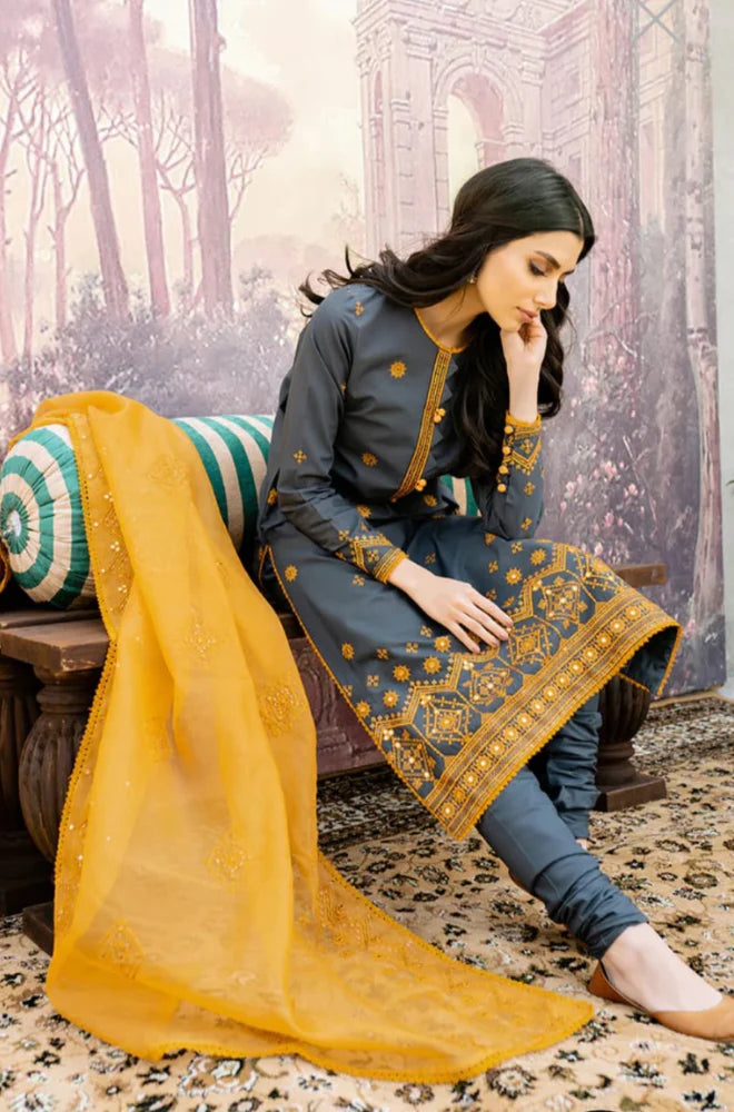 CS 840 3PC Lawn Embroidered Mirror Work Shirt With Embroidered Dupatta