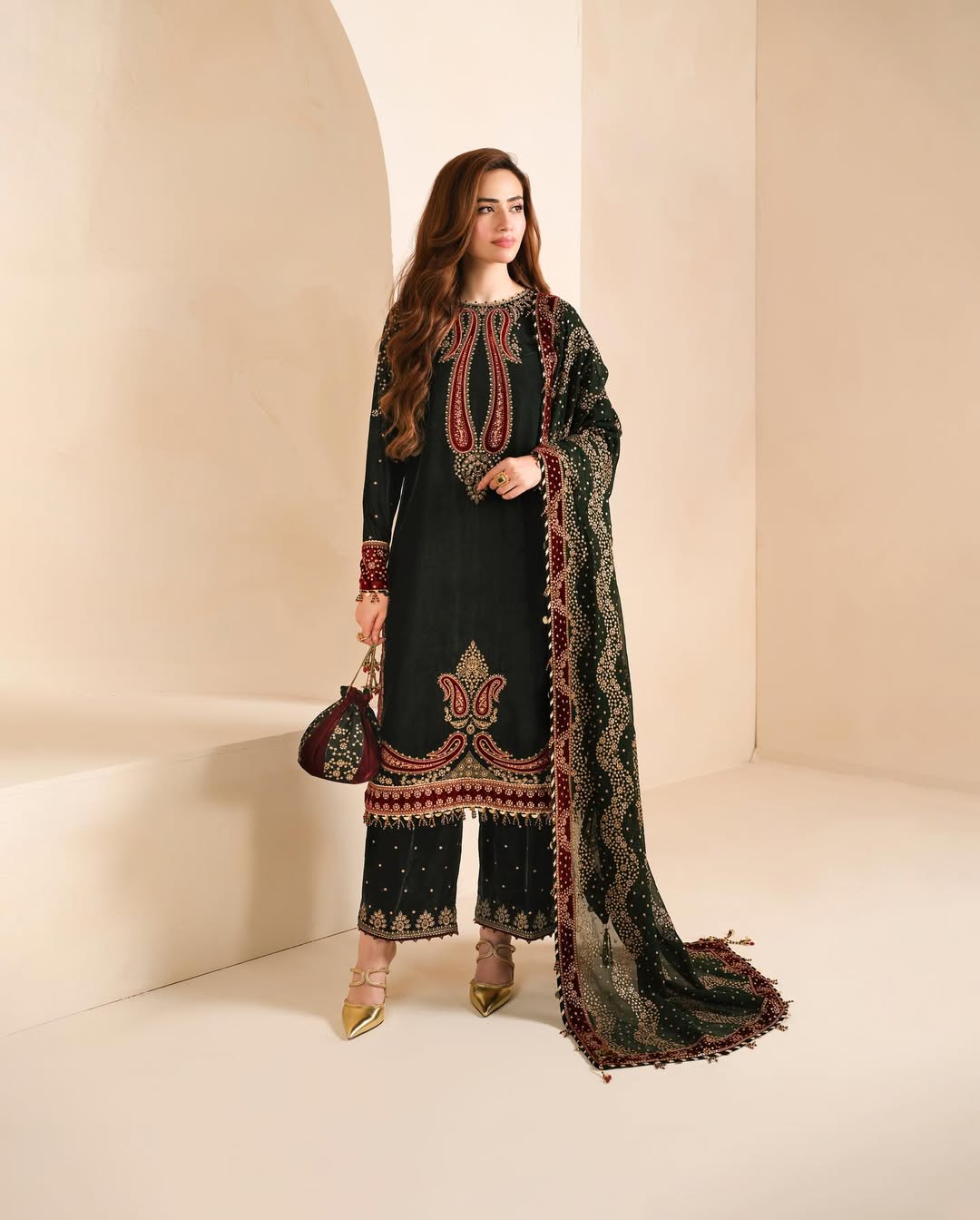 JZ 999-3 Pc Embroidered Velvet Shirt and Trouser with Chiffon Dupatta