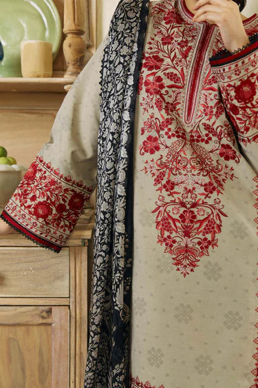 ZS 57L-3 Piece Unstitched Heavy Embroidered Lawn Suit ( Fine Printed Poly Lawn Dupatta