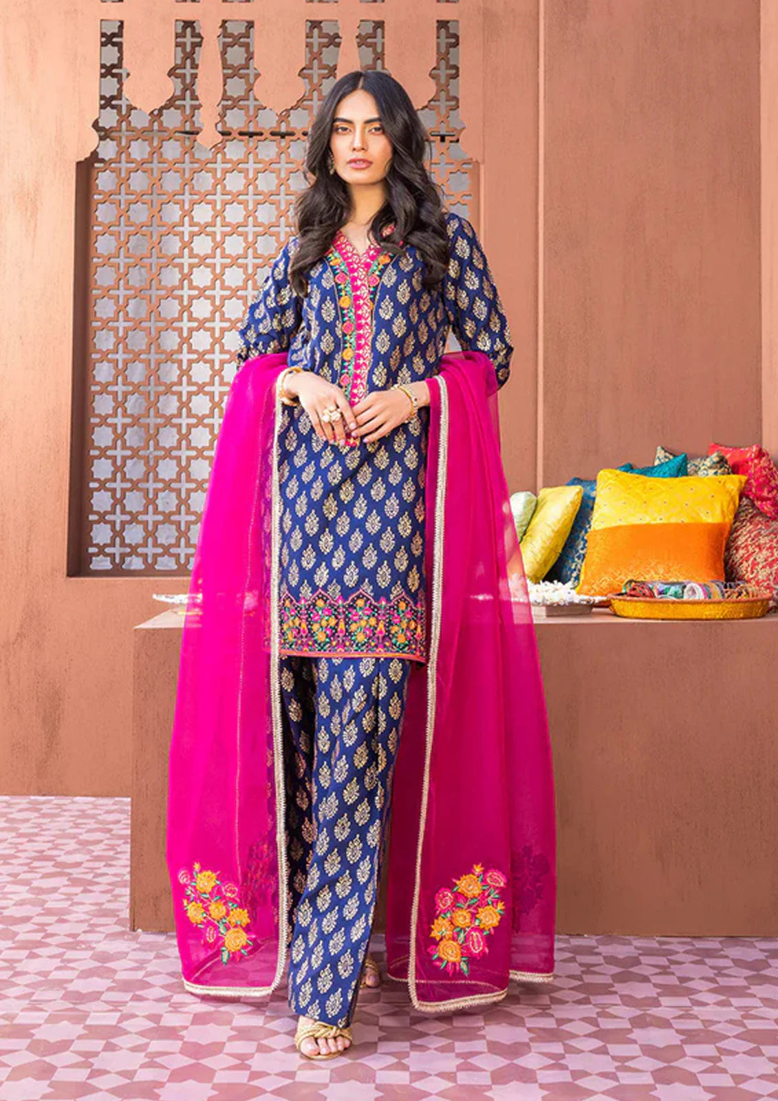 ZC 440-3 Pcs Digital Printed Lawn Shirt Trouser and Dupatta with Embroidered Patches