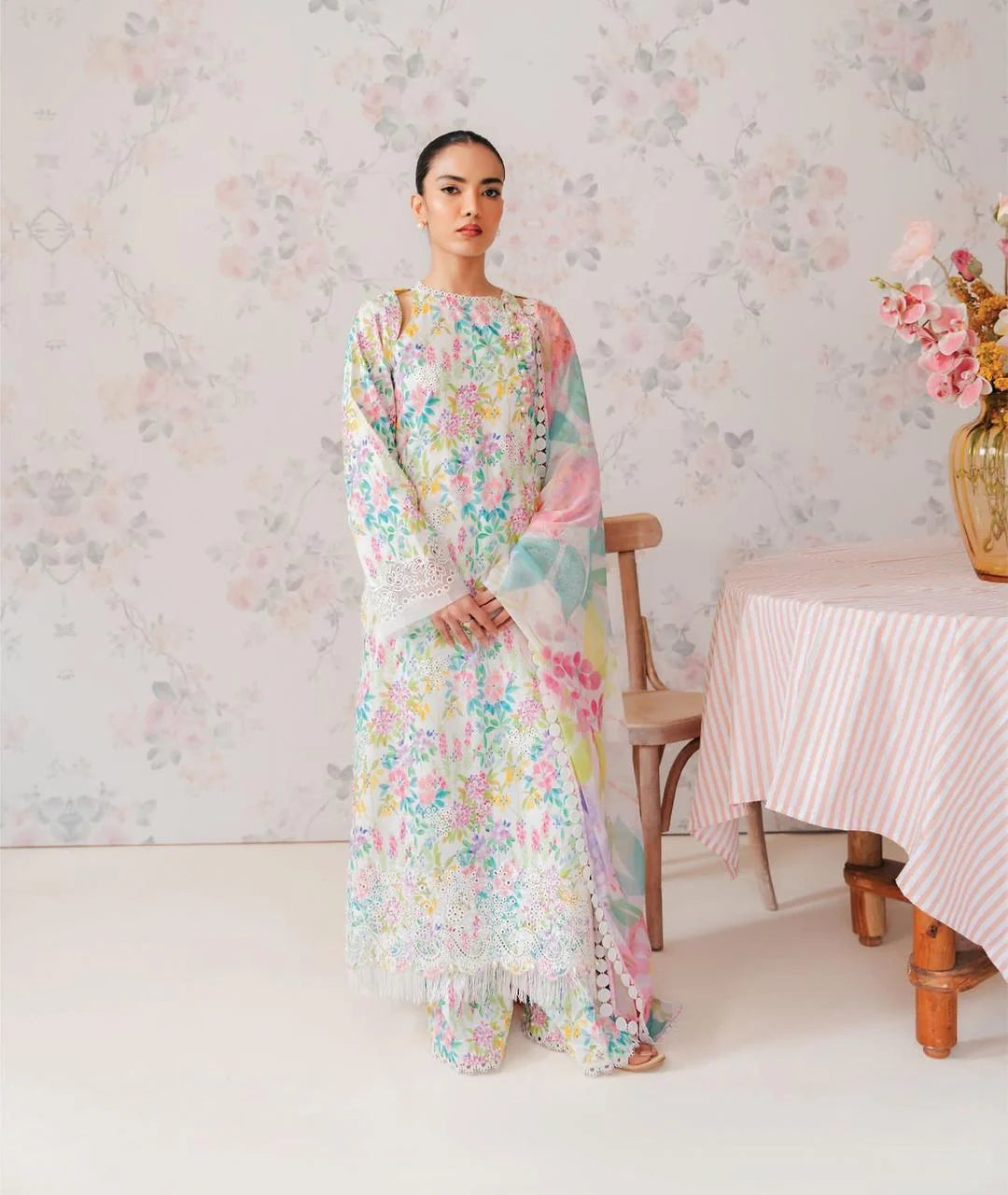 AF 70-3 Pcs Digital Printed Lawn Shirt Trouser and Dupatta with Embroidered Patches