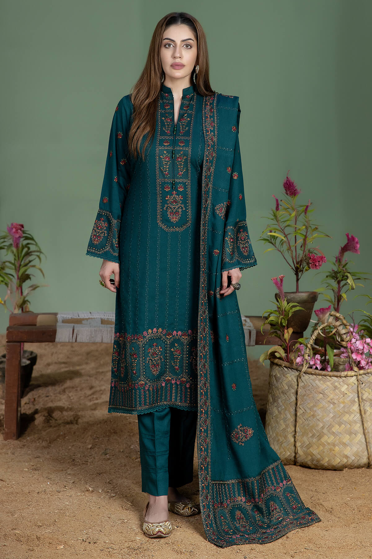 AJ 940-3 Piece Unstitched Fully Embroidered Dhanak Suit
