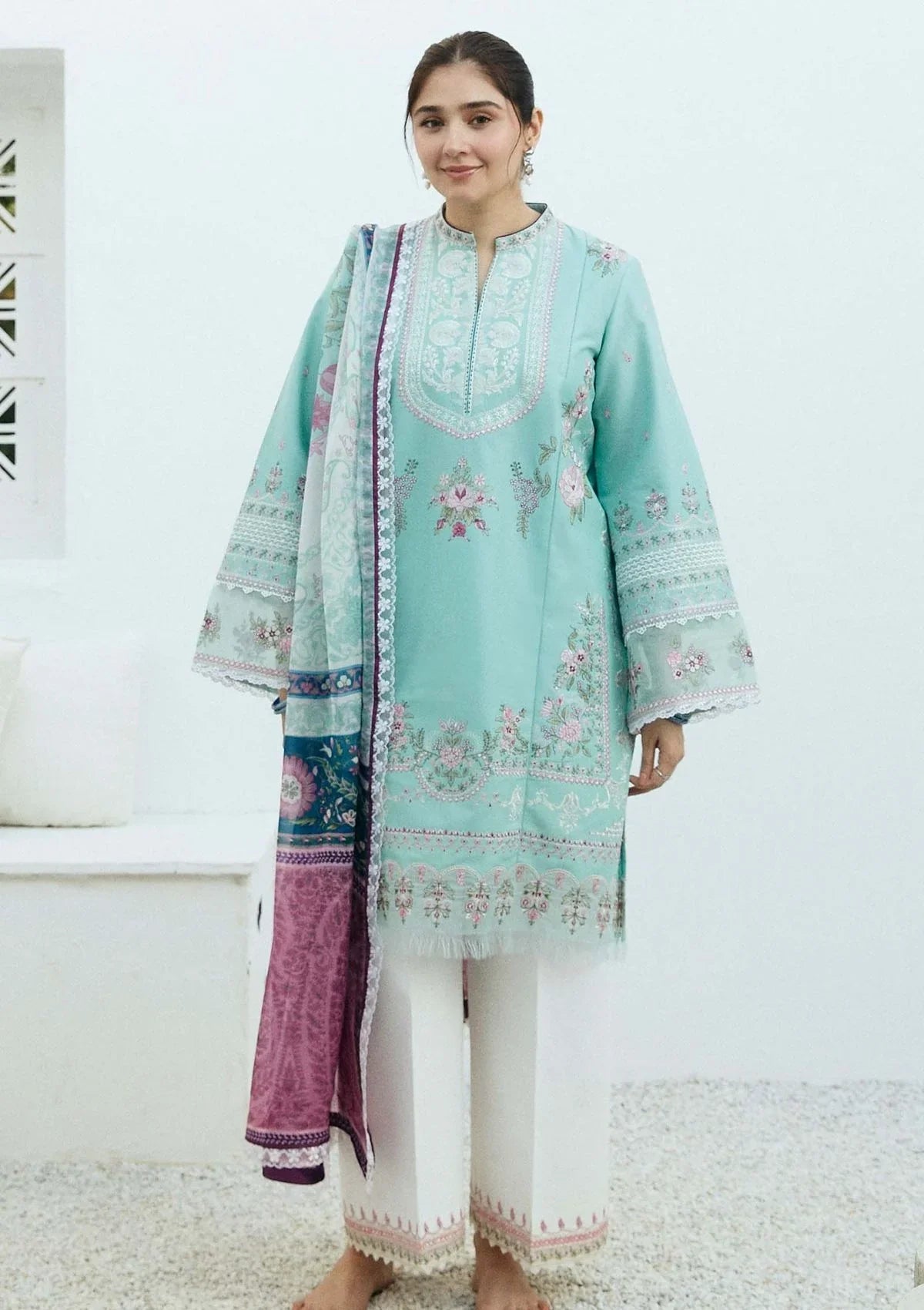 ZS 408-3Pc Embroidered Lawn Shirt with Poly Lawn Dupatta