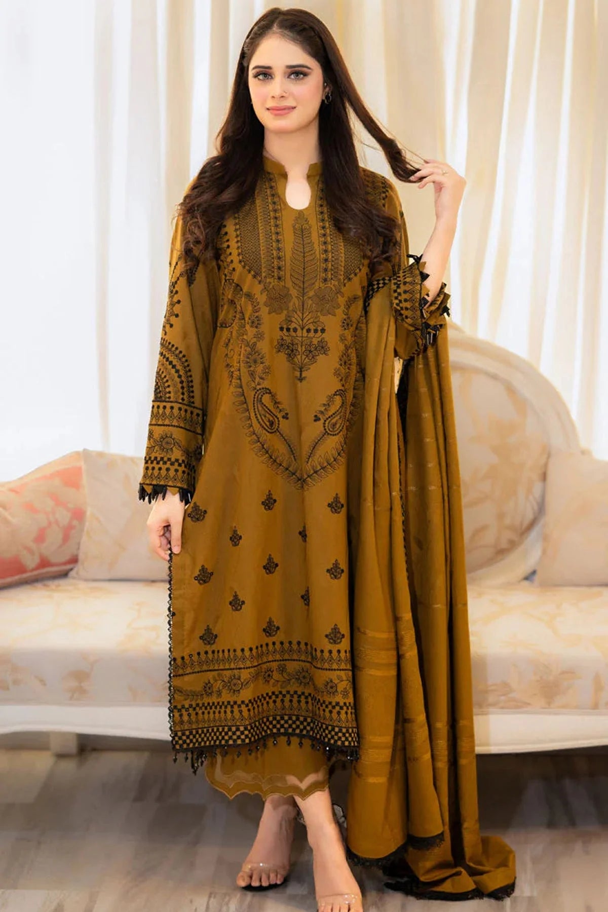 MB 100-3 Piece Unstitched Fully Embroidered Dhanak suit
