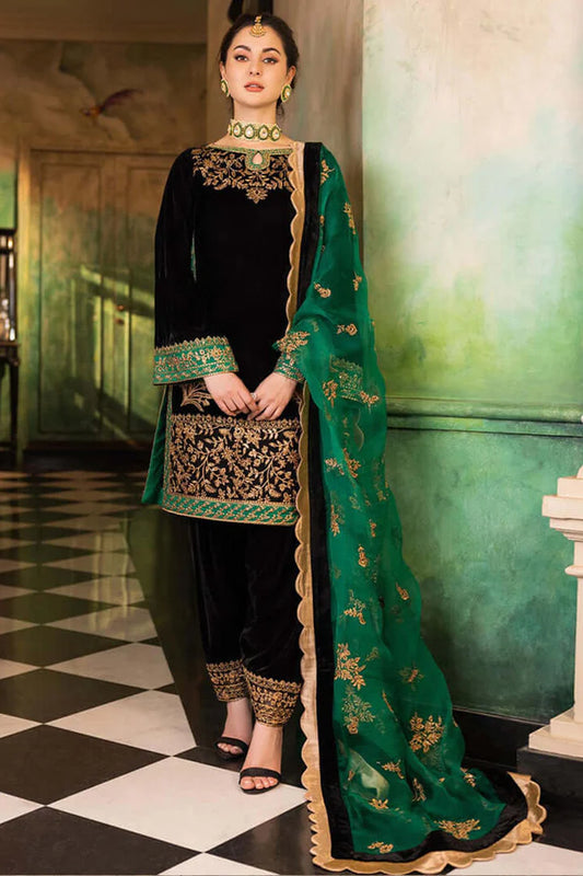 JZ 953-9000 Micro 3 Piece Unstitched Heavy Embroidered 9000 Micro Velvet Suit Four Sided Embroidered Organza Dupatta
