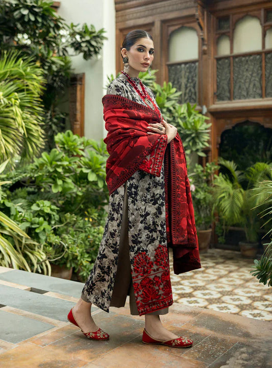 MB 437-3 Pcs Digital Printed Lawn Shirt Trouser and Dupatta with Embroidered Patches
