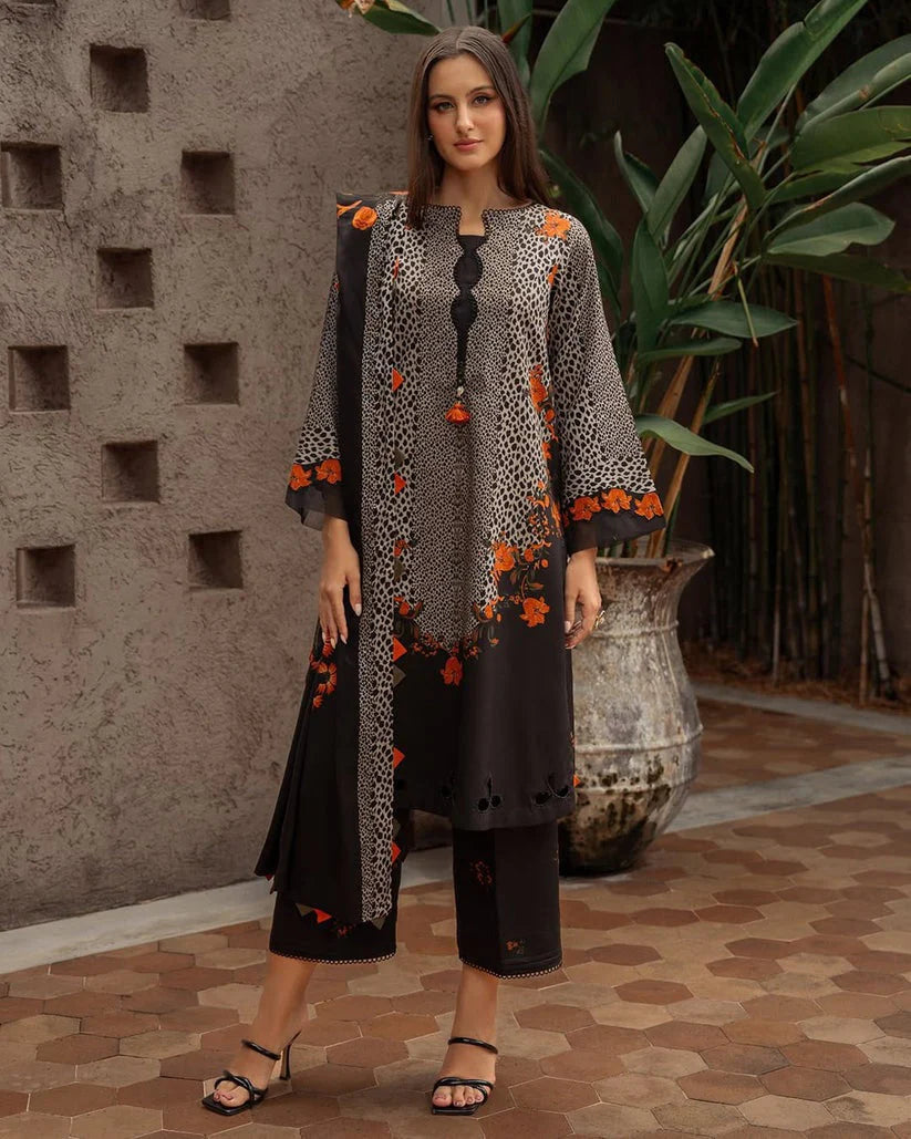 3 Piece Unstitched Digital Printed Khaddar Fabric With Embroidered Laces
