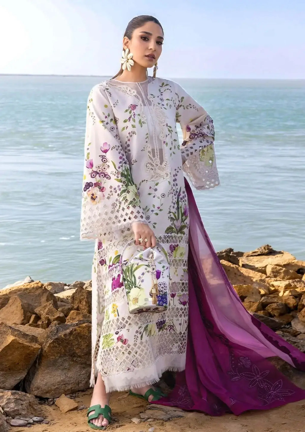 3 Piece Unstitched Heavy Embroidered Lawn Suit ( Four-sided Embroidered Cotton Net Dupatta )