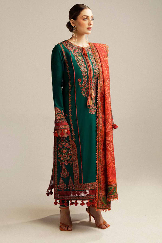 SP 525 - 3 Pcs Unstitched Heavy Embroidered Dhanak Suit with Premium Quality Wool Shawl