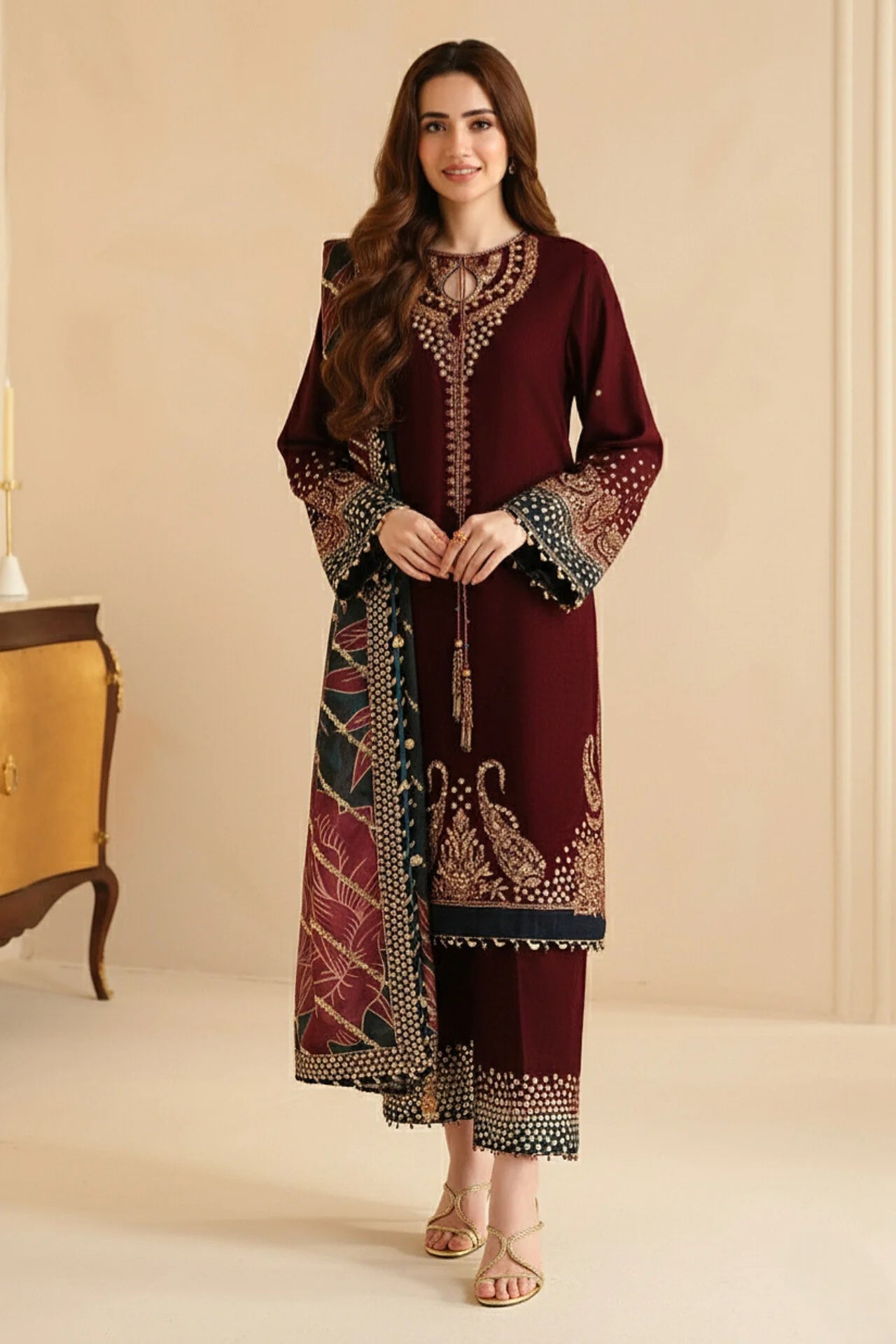 3 Piece - Unstitched Fully Embroided Velvet Suit