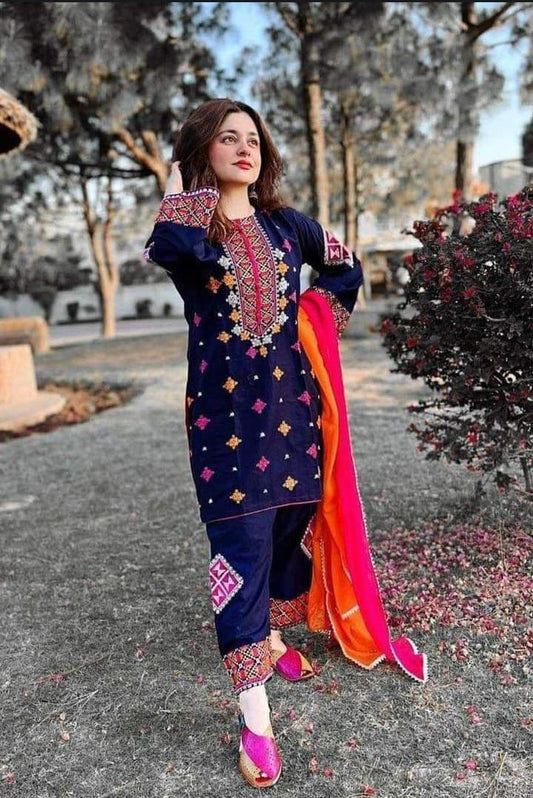 BR 1275-3 Piece Embroidered Lawn Shirt with Embroidered Chiffon Duppata