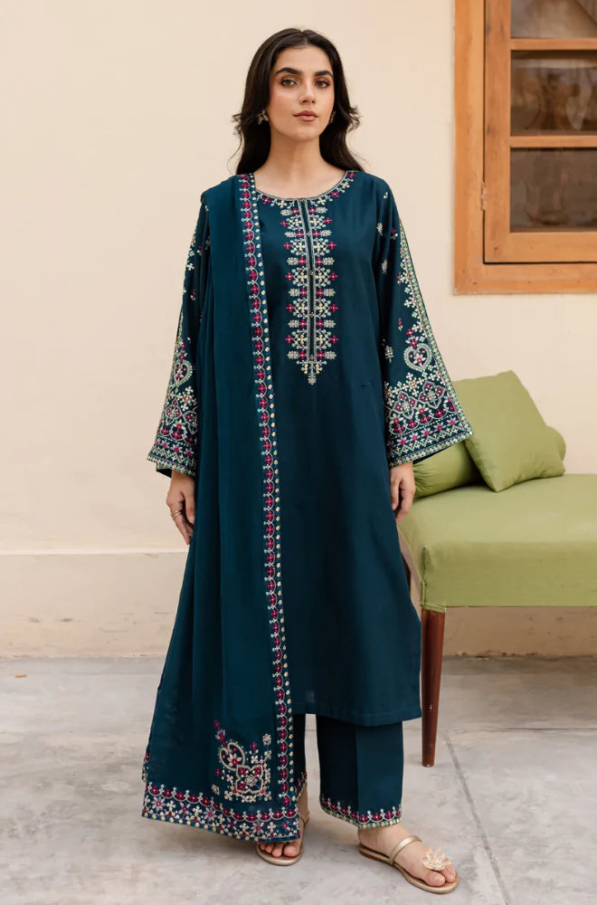 LM 585-3 Pcs Unstitched Fully Embroidered Lawn Suit With Embroidered Chiffon Dupatta