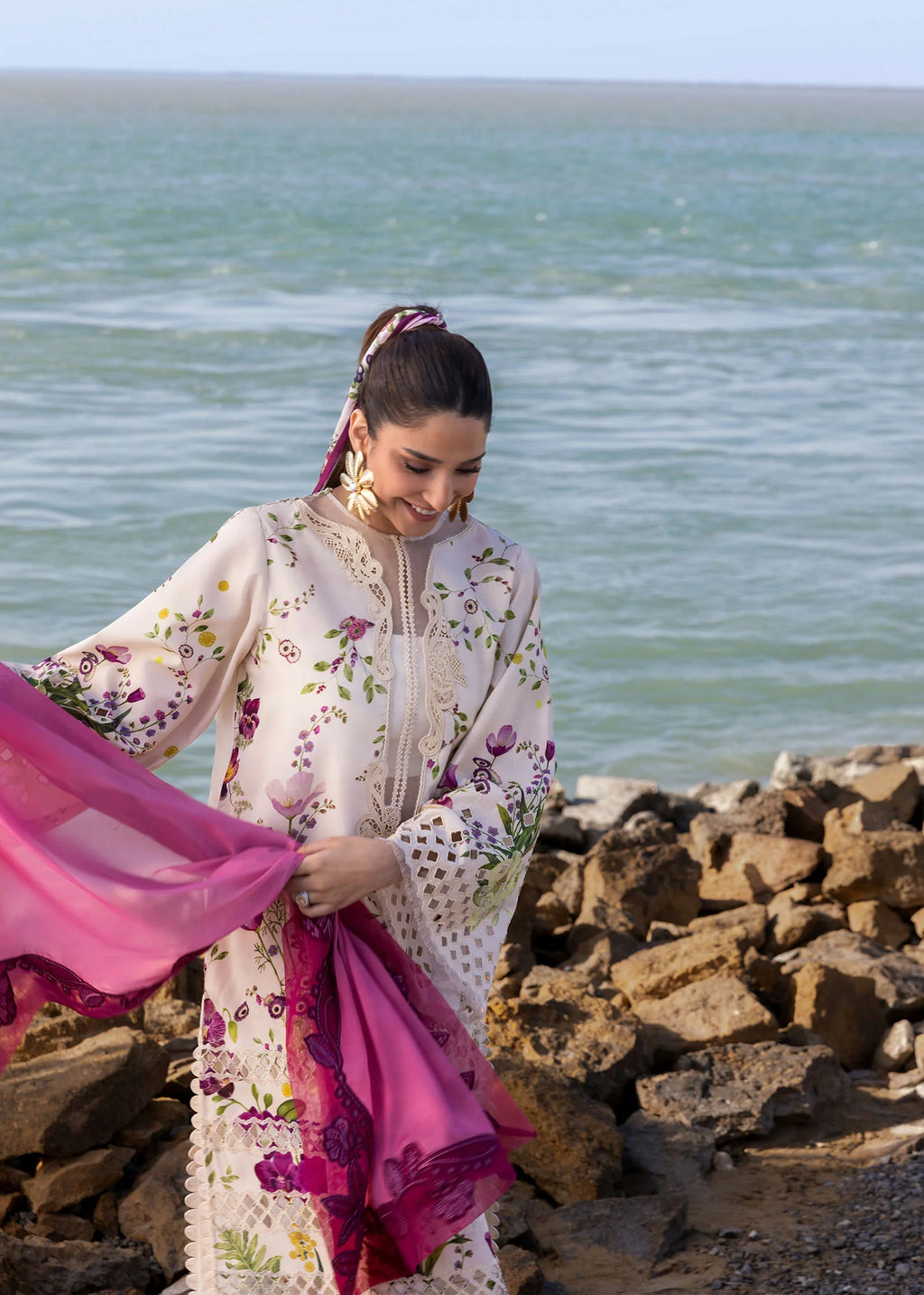 3 Piece Unstitched Heavy Embroidered Lawn Suit ( Four-sided Embroidered Cotton Net Dupatta )