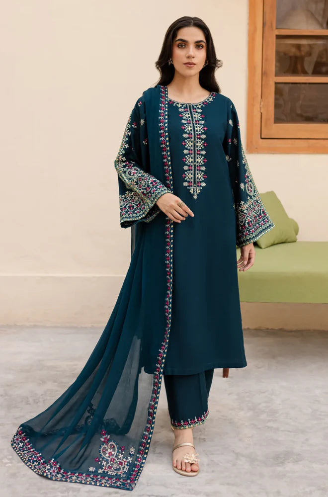 LM 585-3 Pcs Unstitched Fully Embroidered Lawn Suit With Embroidered Chiffon Dupatta