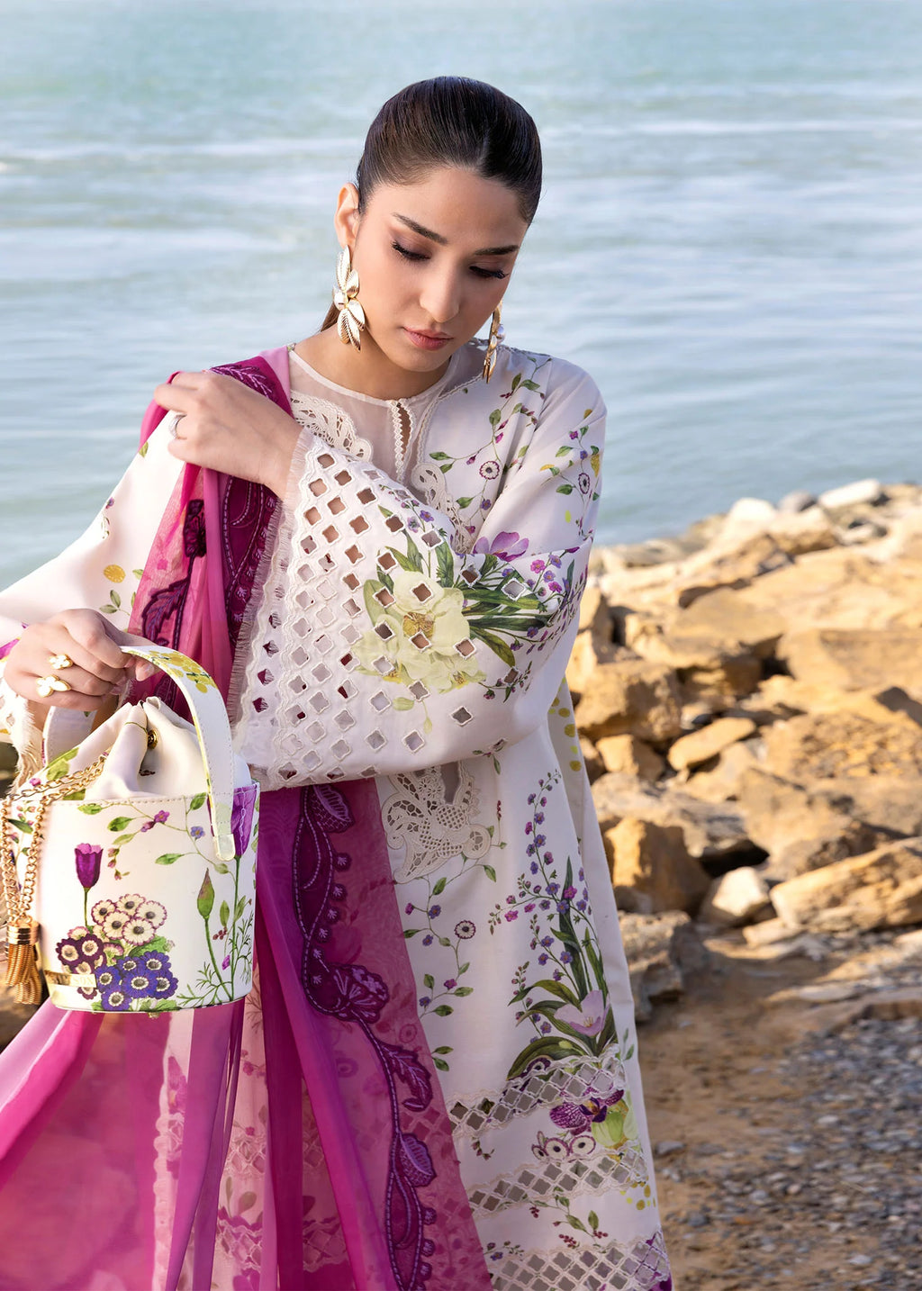3 Piece Unstitched Heavy Embroidered Lawn Suit ( Four-sided Embroidered Cotton Net Dupatta )