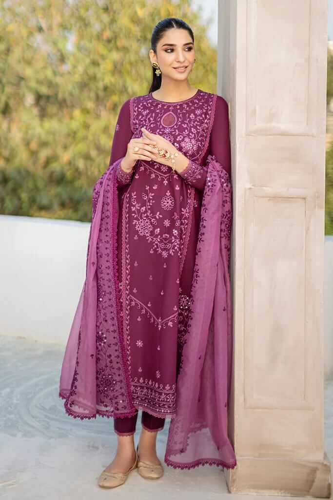 CS 84-3 Piece Unstitched Heavy Embroidered Lawn Suit ( Full Embroidered Organza Dupatta )