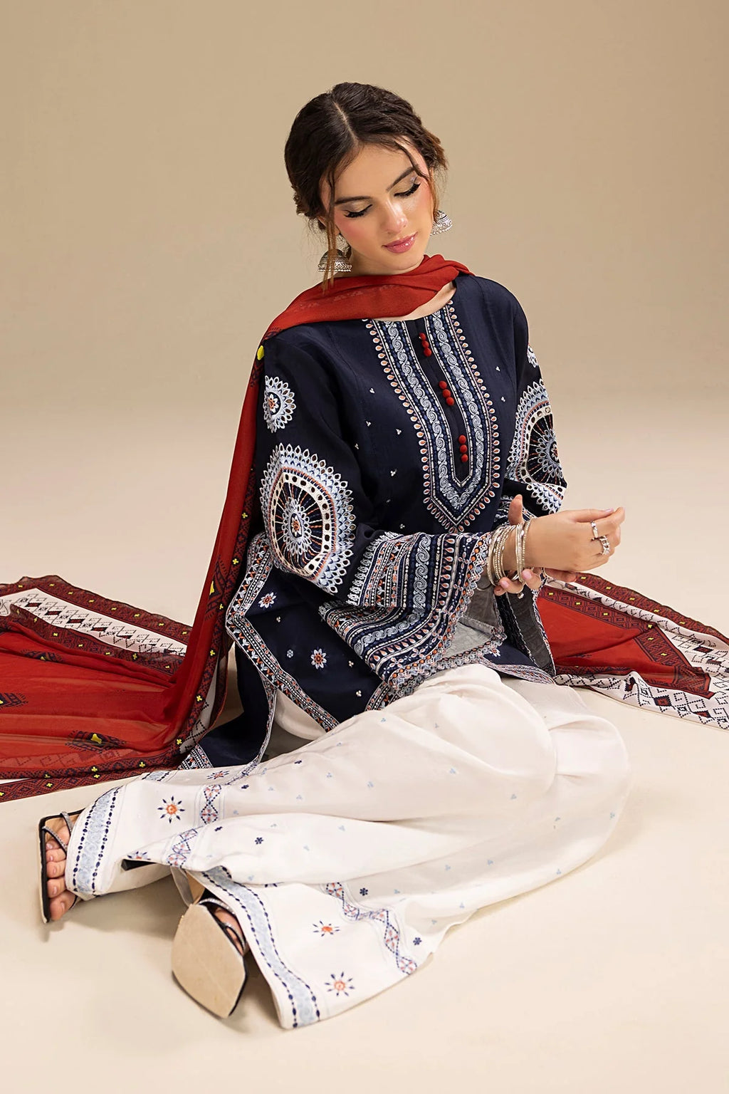 RR 610-3 Piece Embroidered Lawn Fabric with Polly Lawn Duppata