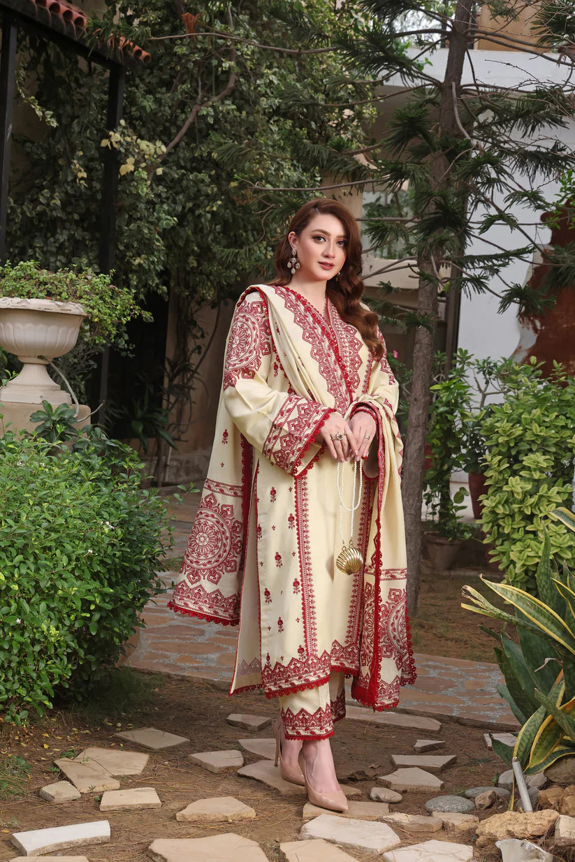 HR 595-3 Piece Unstitched Fully Embroidered Dhanak Suit
