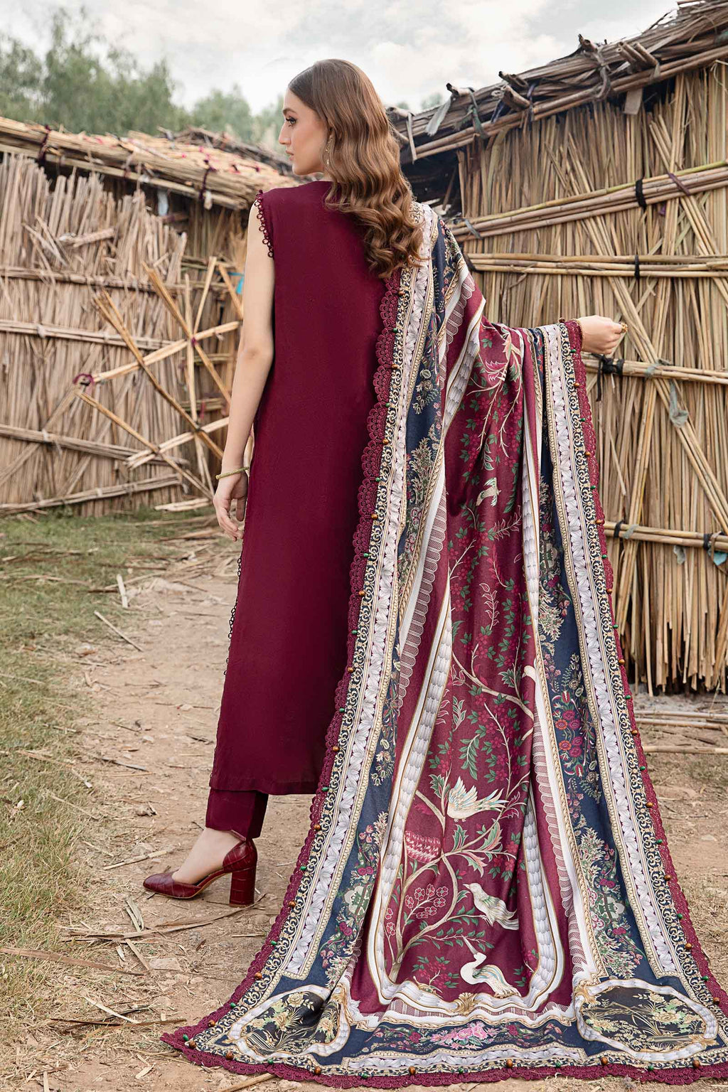 MB 515 - 3 Pcs Unstitched Heavy Embroidered Dhanak Suit with Premium Quality Wool Shawl
