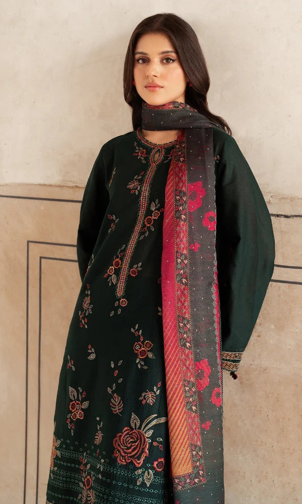 JZ 580-3 Piece Unstitched Embroidered Dhanak Fabric with Printed Wool Shawl