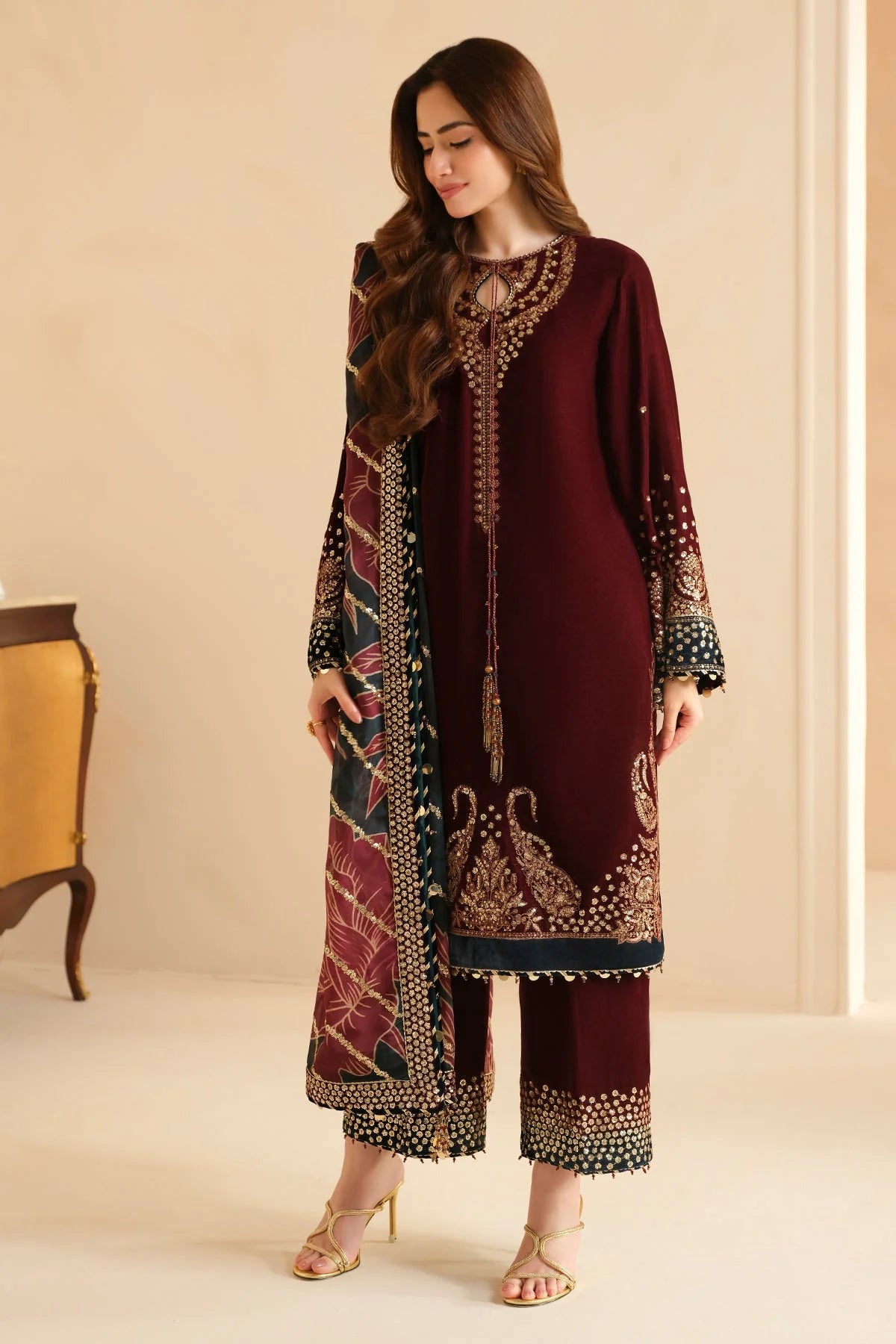 3 Piece - Unstitched Fully Embroided Velvet Suit
