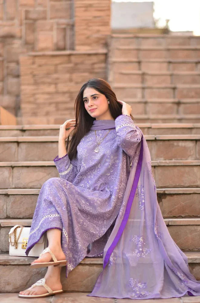 BR 2575-3 Pcs Embroidered Lawn Shirt with Embroidered Chiffon Dupatta