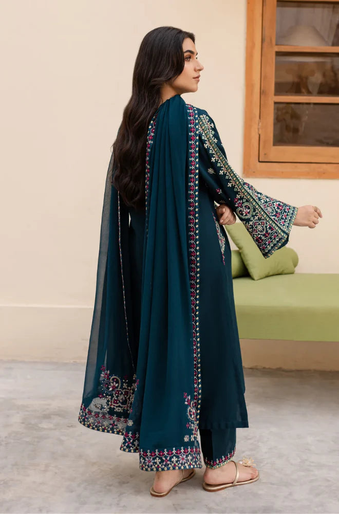 LM 585-3 Pcs Unstitched Fully Embroidered Lawn Suit With Embroidered Chiffon Dupatta
