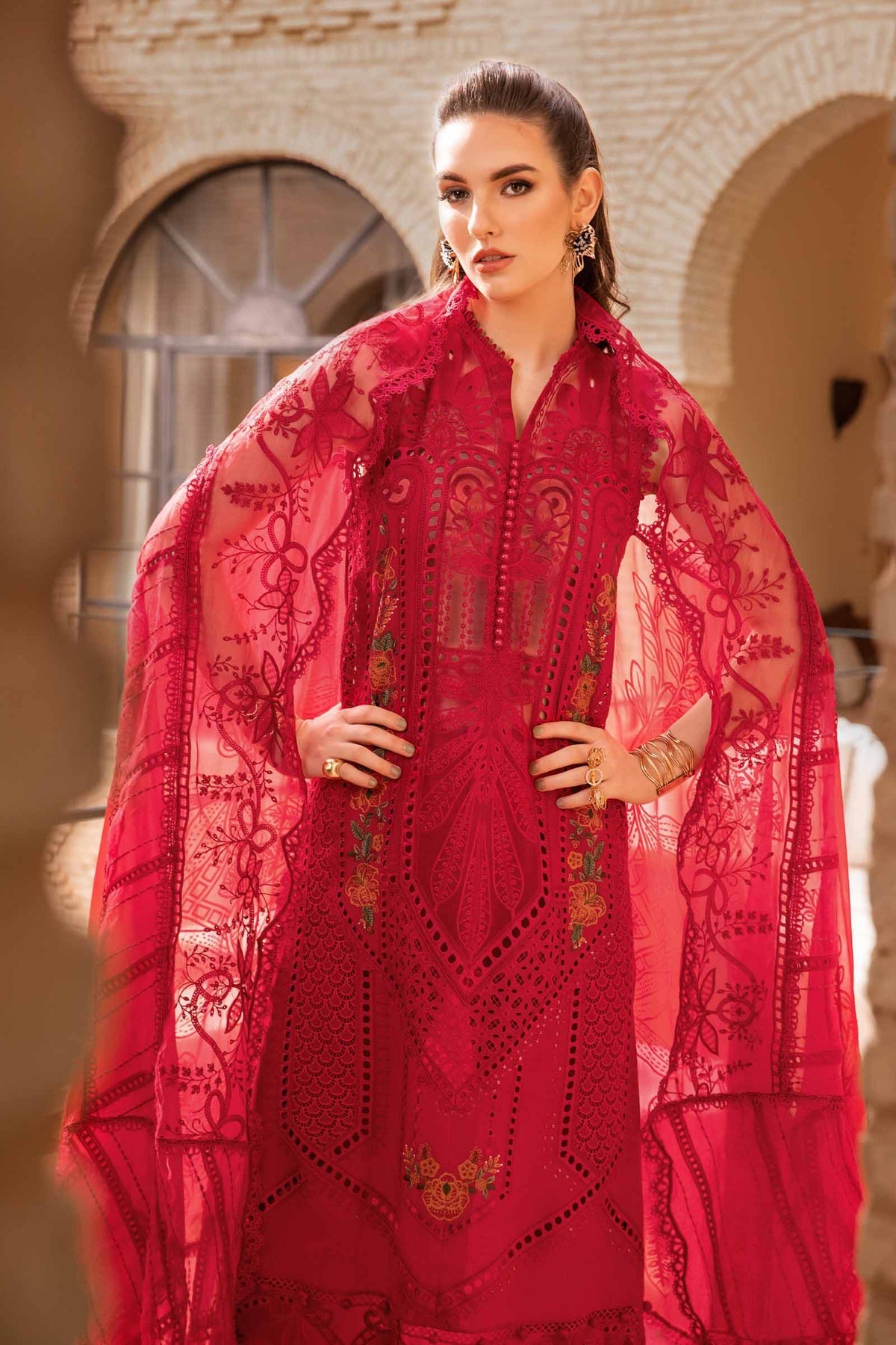 MB 2590B-3 Piece Embroidered Lawn Shirt with Embroidered Organza Dupatta