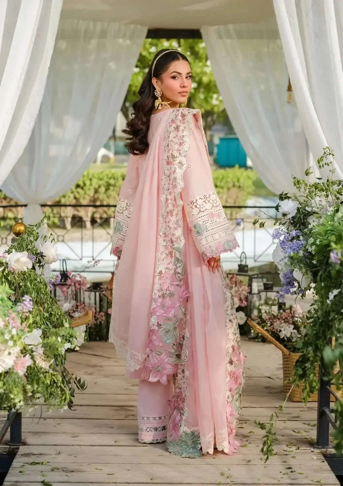 3 Piece Unstitched Heavy Embroidered Chickan Kari Lawn Suit ( Four-sided Embroidered Cotton Net Dupatta )