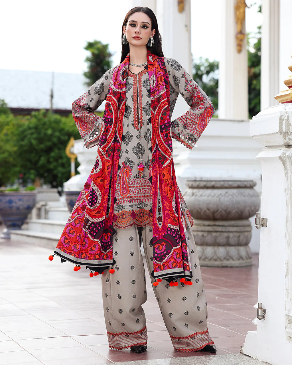 CH 75-3 Piece Unstitched Digital Printed Khaddar Fabric With Embroidered Laces