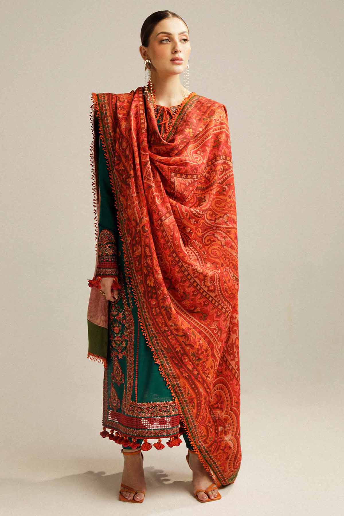 SP 525 - 3 Pcs Unstitched Heavy Embroidered Dhanak Suit with Premium Quality Wool Shawl