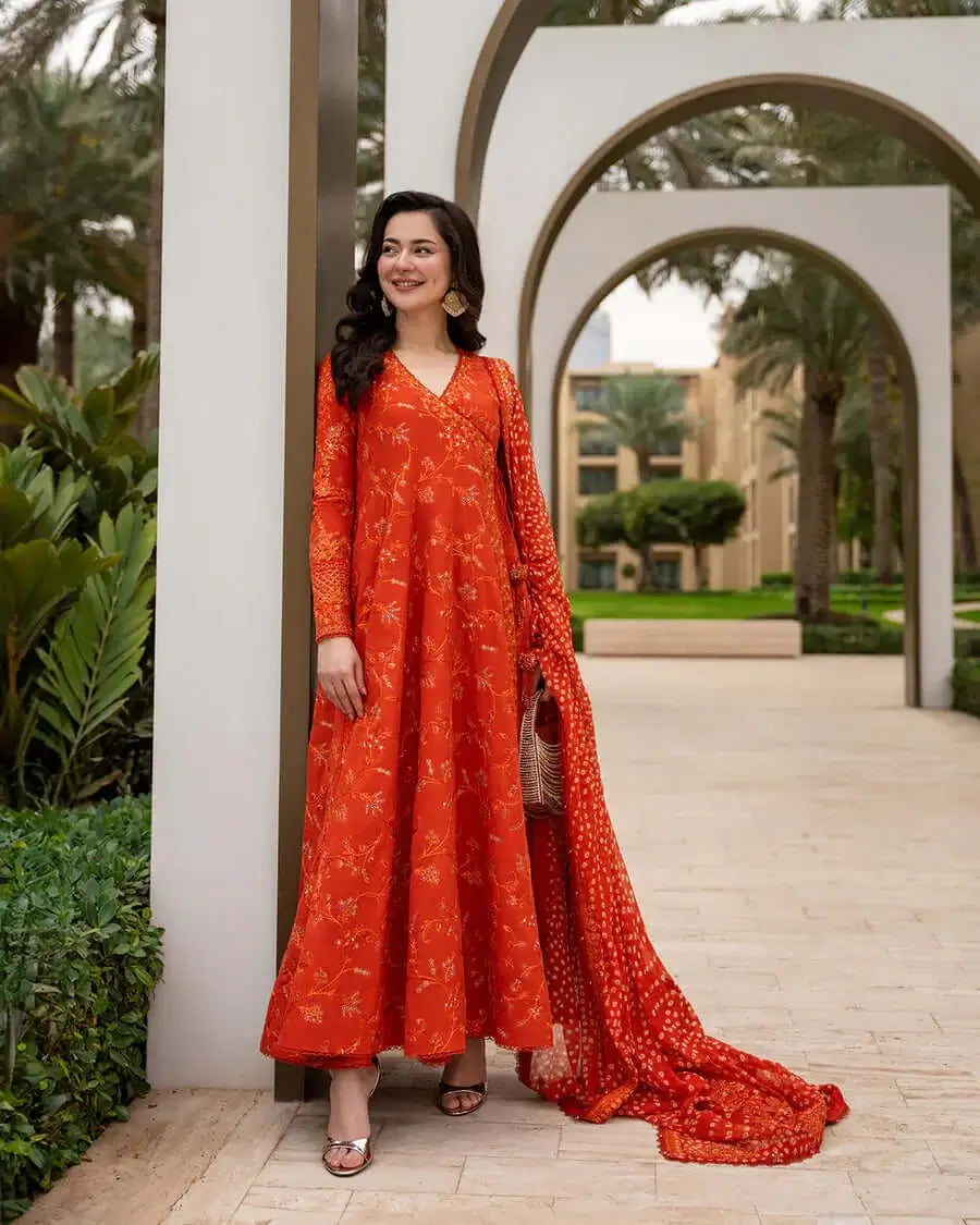 3 Piece Unstitched Fully Embroidered Lawn Suit with Printed Chiffon Dupatta 4 Sided Embroidered Lace