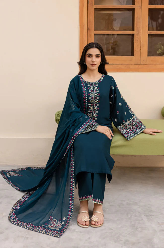 LM 585-3 Pcs Unstitched Fully Embroidered Lawn Suit With Embroidered Chiffon Dupatta