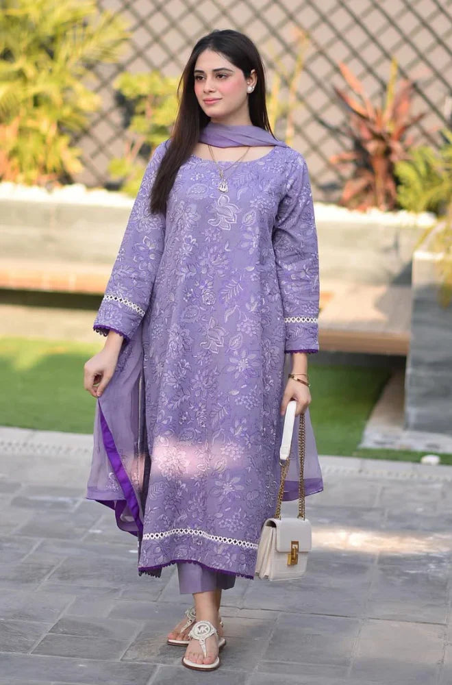 BR 2575-3 Pcs Embroidered Lawn Shirt with Embroidered Chiffon Dupatta