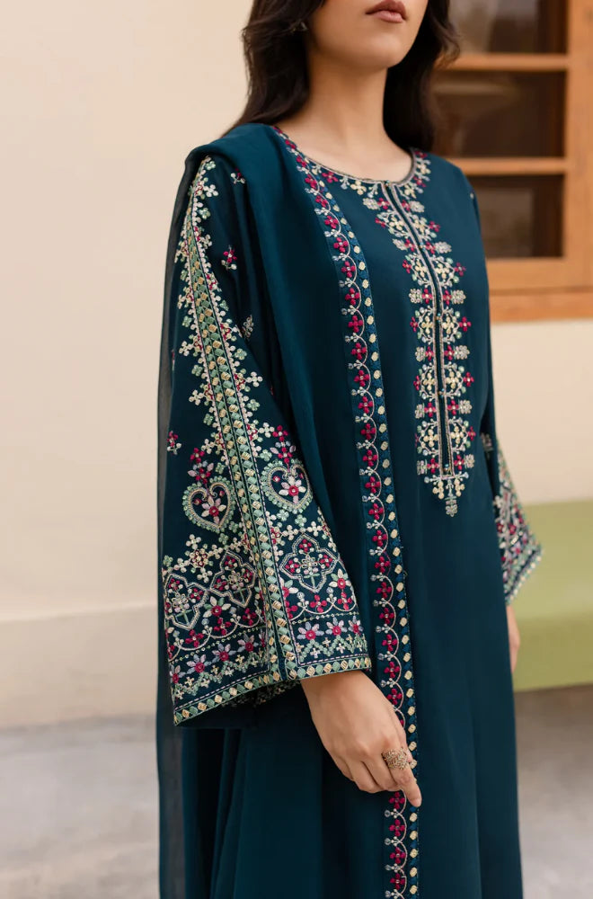 LM 585-3 Pcs Unstitched Fully Embroidered Lawn Suit With Embroidered Chiffon Dupatta