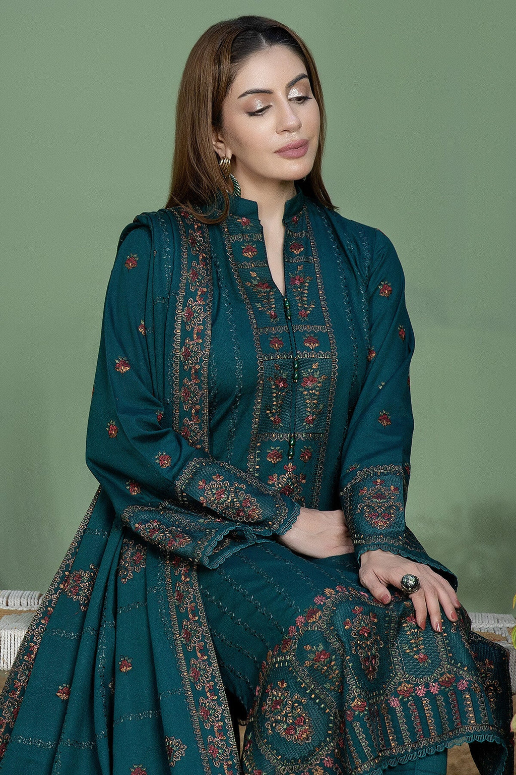 AJ 940-3 Piece Unstitched Fully Embroidered Dhanak Suit