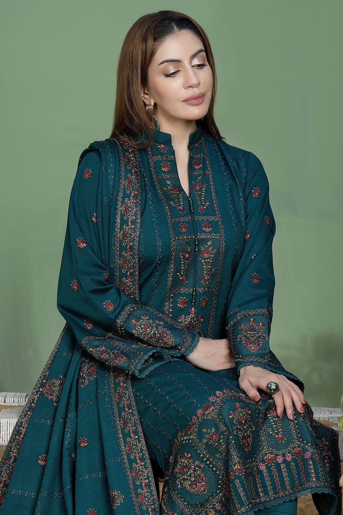 AJ 940-3 Piece Unstitched Fully Embroidered Dhanak Suit