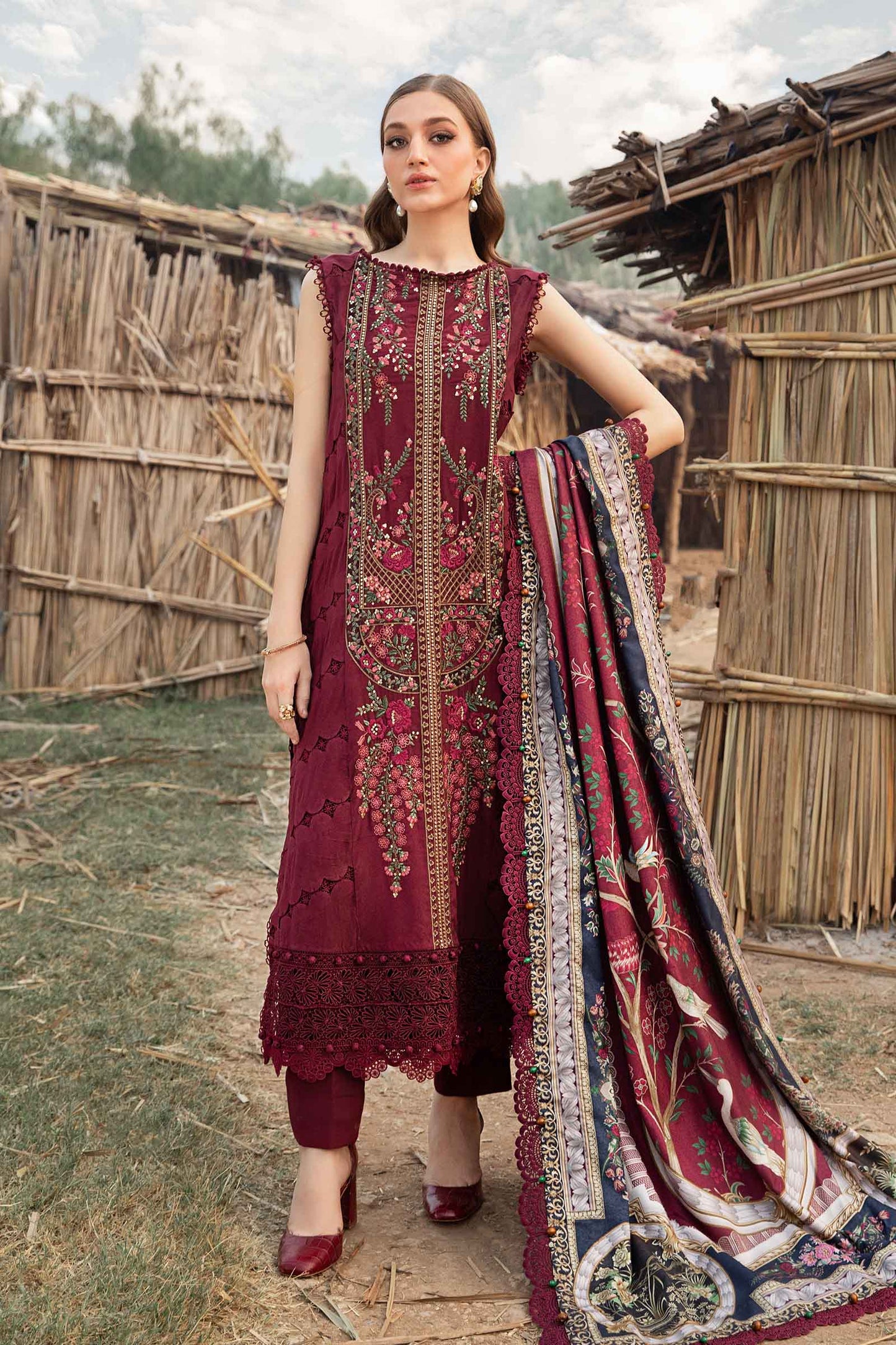 MB 515 - 3 Pcs Unstitched Heavy Embroidered Dhanak Suit with Premium Quality Wool Shawl
