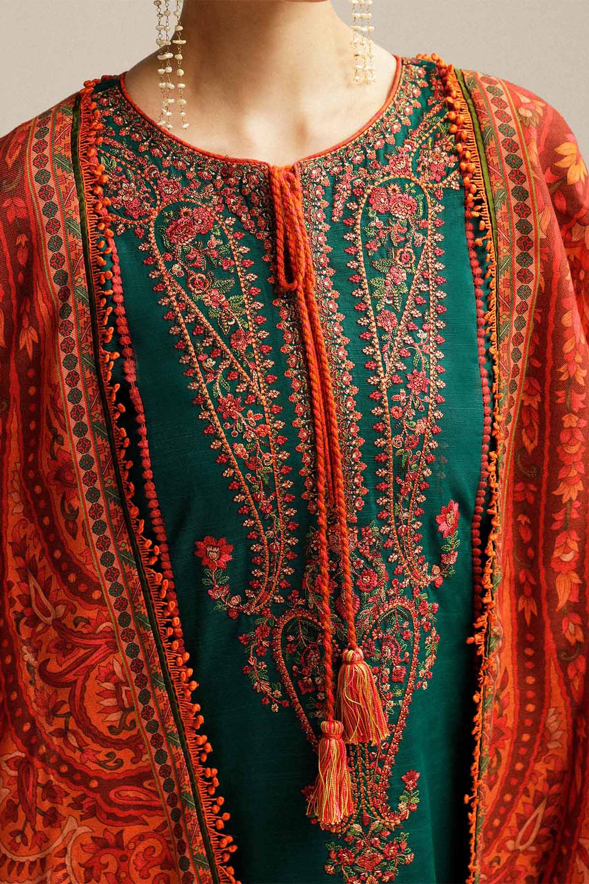 SP 525 - 3 Pcs Unstitched Heavy Embroidered Dhanak Suit with Premium Quality Wool Shawl