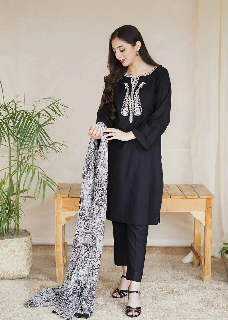 AS 20-3 Piece Embroidered Dhanak Shirt with Printed Wool Shawl