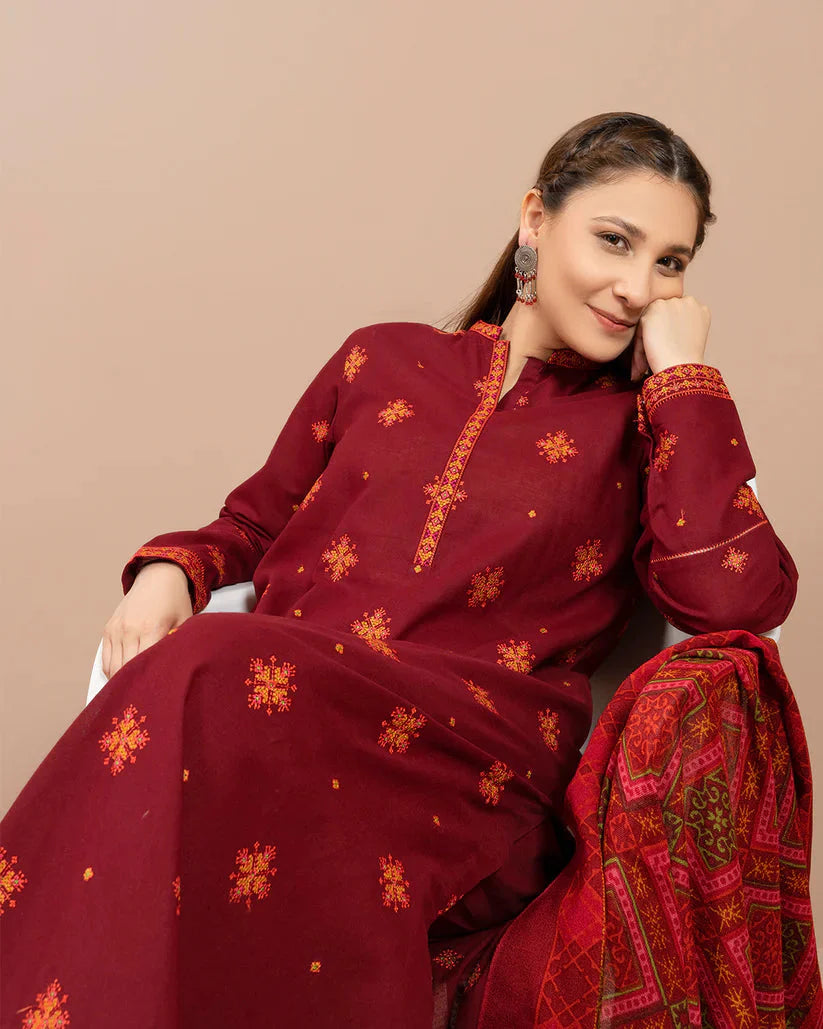 RS 705-3 Piece Embroidered Dhanak Shirt WithPrinted Wool Shawl
