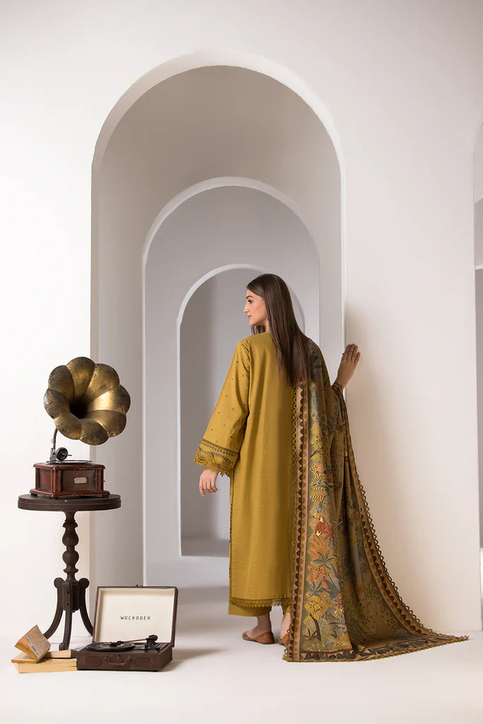SN 59-3 Piece Embroidered Dhanak Shirt with Printed Wool Shawl